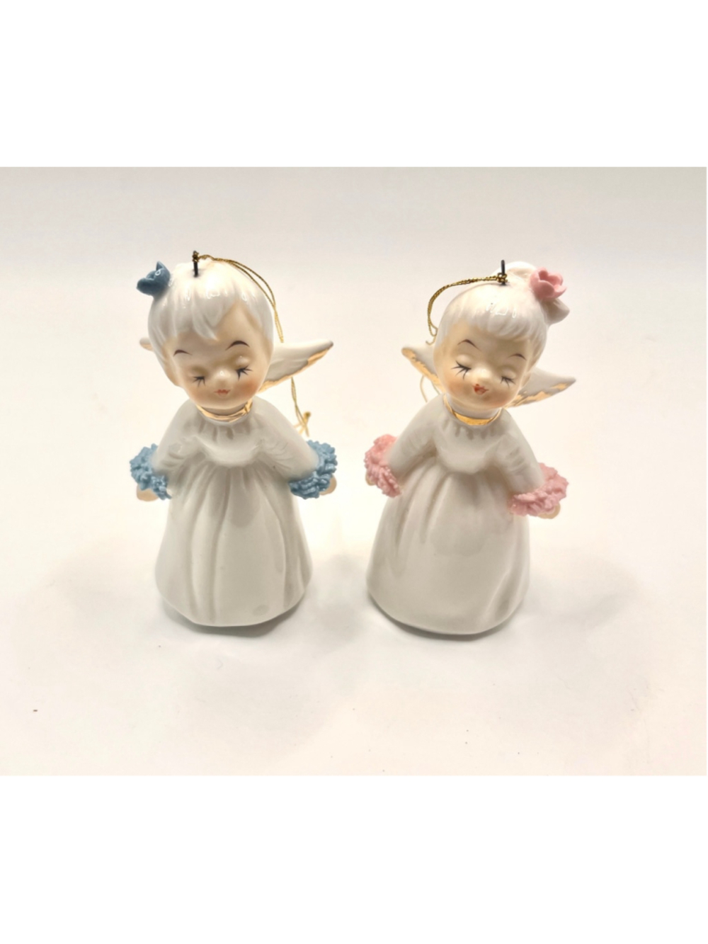 2 Vintage Ceramic Angel Christmas Ornaments Sleeping Blue Pink Japan Mid Century